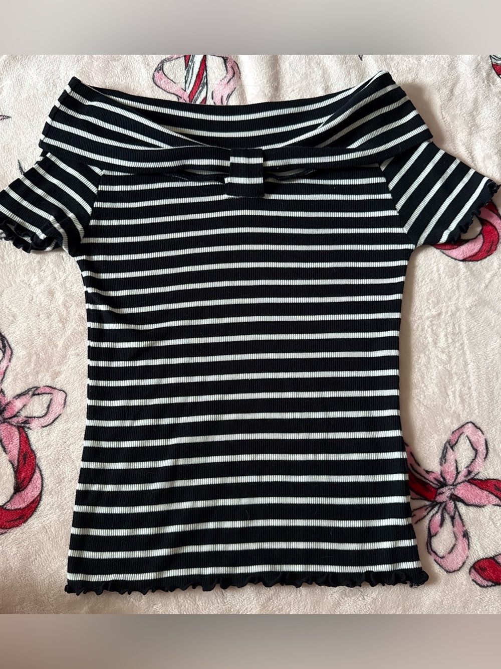 Ank rouge kawaii Japan black and white striped bow off shoulder top S